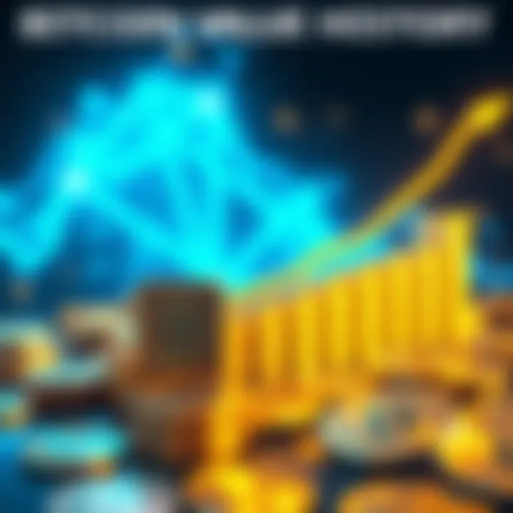 A visual representation showing the rise of Bitcoin's value from $1 to its current price, alongside an illustration of Bitcoin coins and NFT art.