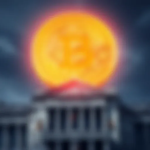 A Bitcoin symbol floating above a traditional bank building, representing the clash between cryptocurrency and traditional finance.
