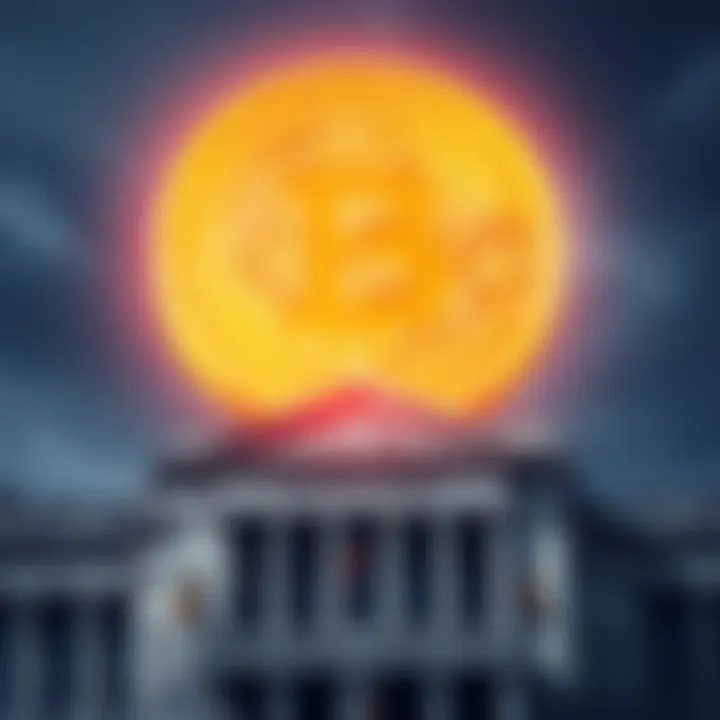 A Bitcoin symbol floating above a traditional bank building, representing the clash between cryptocurrency and traditional finance.