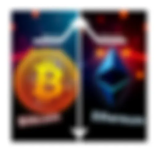 A side-by-side graphic showing Bitcoin and Ethereum logos with arrows highlighting their differences and uses in the digital economy.