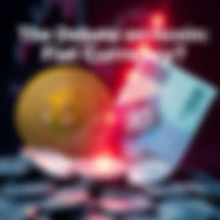 Bitcoin vs Fiat Currency A visual representation of Bitcoin and fiat currency in a financial debate, with Bitcoin symbol and cash bills illustrated side by side.