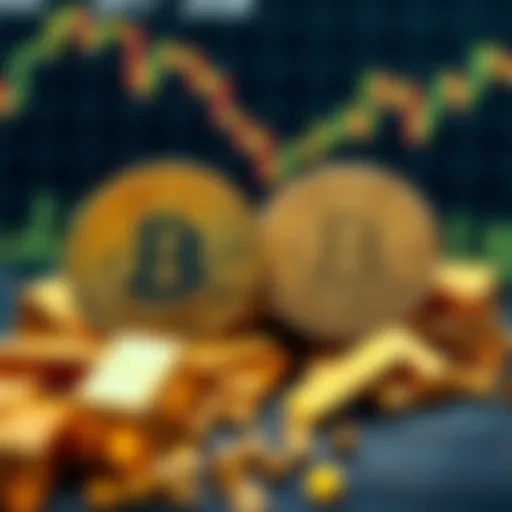 A visual representation of Bitcoin and Gold contrasting each other, with Bitcoin symbolizing digital currency and Gold represented as traditional metal, against a backdrop of financial charts.