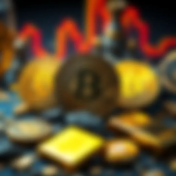 Bitcoin and Gold Investment Comparison A visual comparison of Bitcoin and gold investments, featuring Bitcoin symbols and gold bars, highlighting cultural differences in investment approaches.