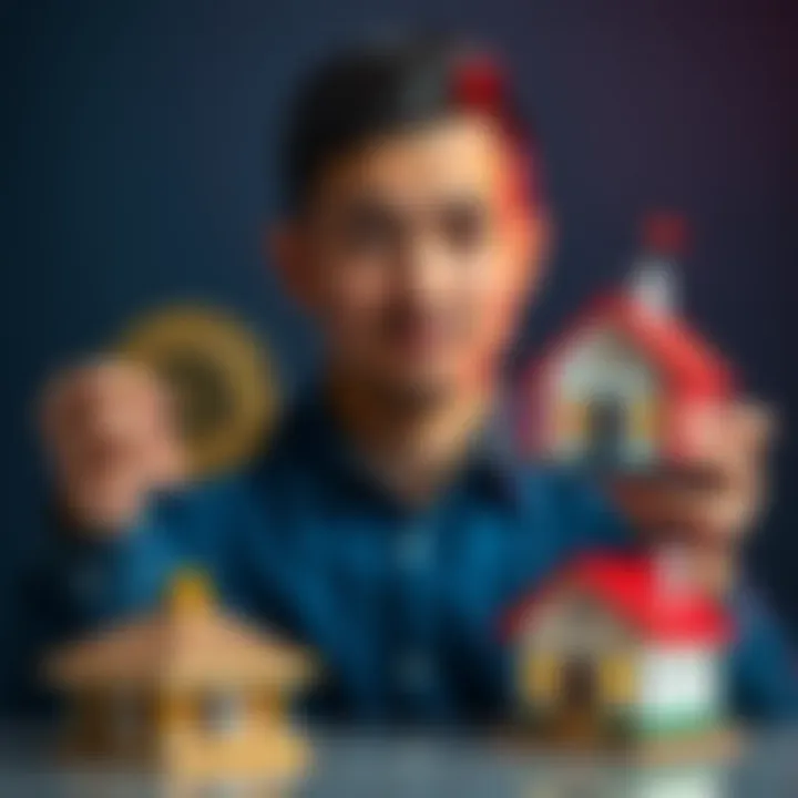 A young professional in Brisbane weighing options between a Bitcoin symbol and a small house model, contemplating his financial future.