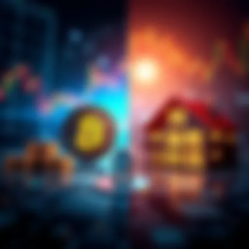 A comparison of Bitcoin investment and real estate investment with graphs and charts showing volatility and stability.