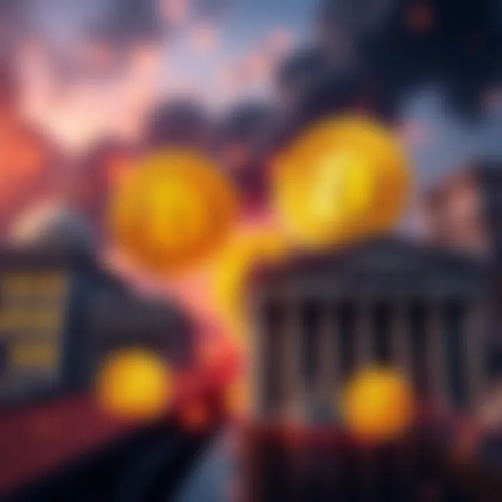 Bitcoin vs Traditional Finance A visual representation of Bitcoin symbols and traditional bank buildings, showcasing the conflict between cryptocurrency and conventional finance.