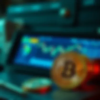 A close-up of Bitcoin coins placed beside a digital wallet showing cryptocurrency transactions