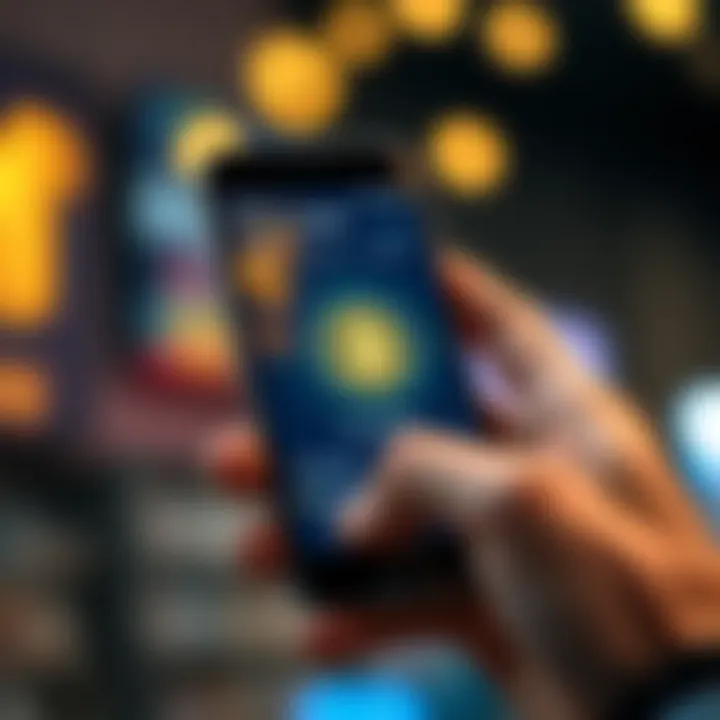 A person holding a smartphone displaying a Bitcoin wallet app, with digital currency symbols around it.