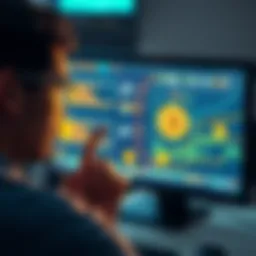 A person looking puzzled at a computer screen showing Bitcoin transactions with various icons and steps