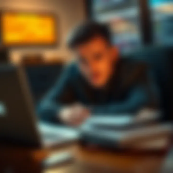 A person looking frustrated while trying to recover a Bitcoin wallet with a laptop and notes in front of them.