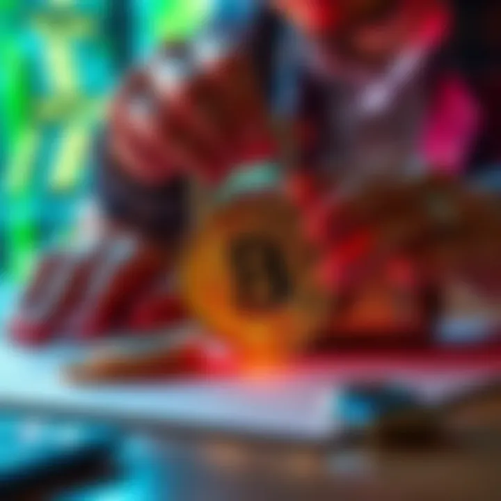 A person securing a Bitcoin wallet with a padlock and seed phrases on a desk