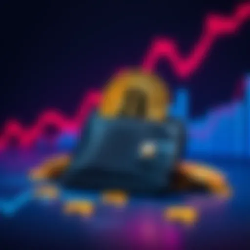 A digital wallet displaying Bitcoin coins with a rising graph in the background