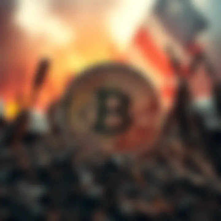 Bitcoin symbol with a background representing war and conflict, showing both opportunity and risk