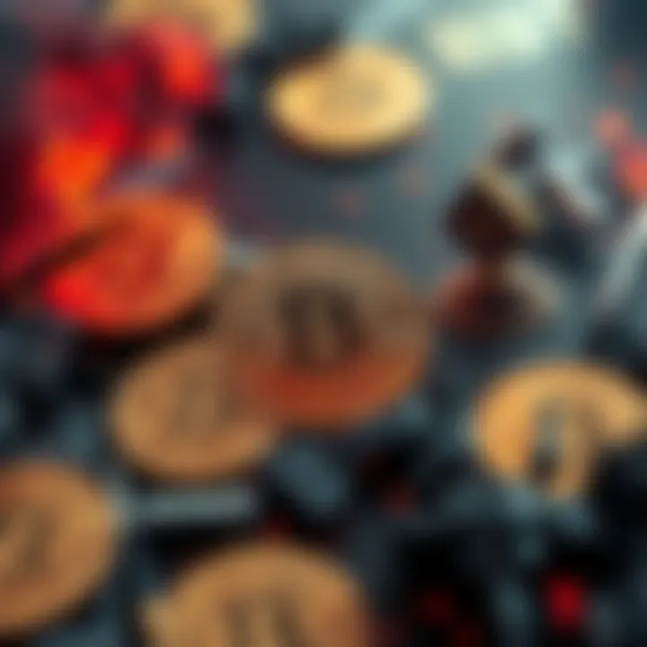 A visual representation of Bitcoin symbols amid images of conflict and warfare, highlighting economic impacts during crises.