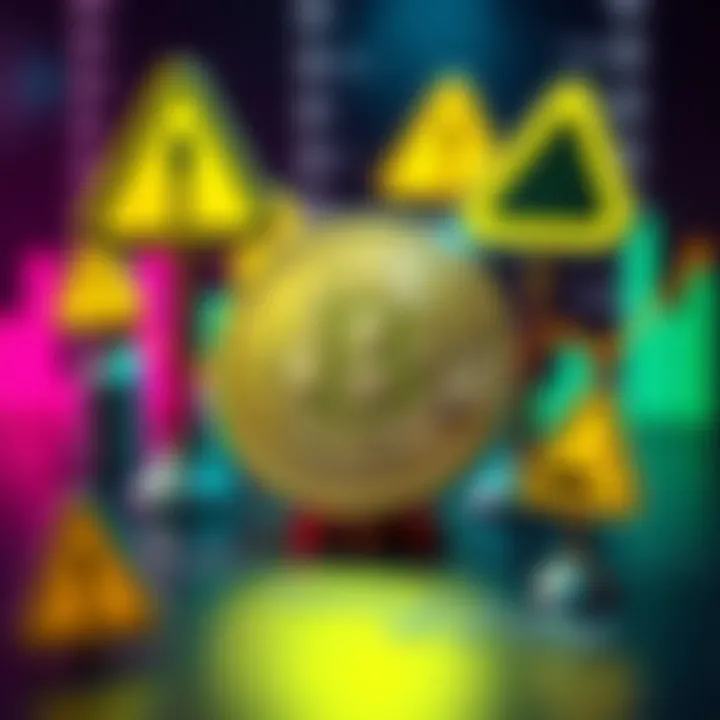 A Bitcoin symbol surrounded by caution signs and graphs indicating challenges like high fees and sustainability issues.