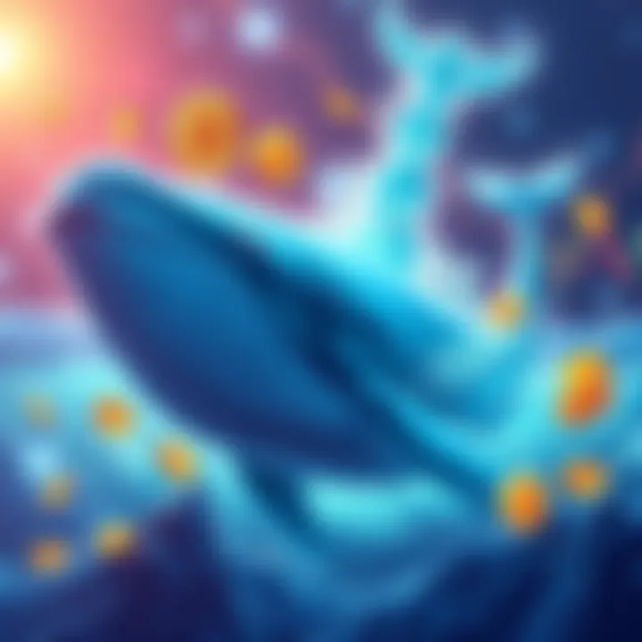 Illustration of a large whale symbolizing major Bitcoin players in a turbulent market with falling and rising prices