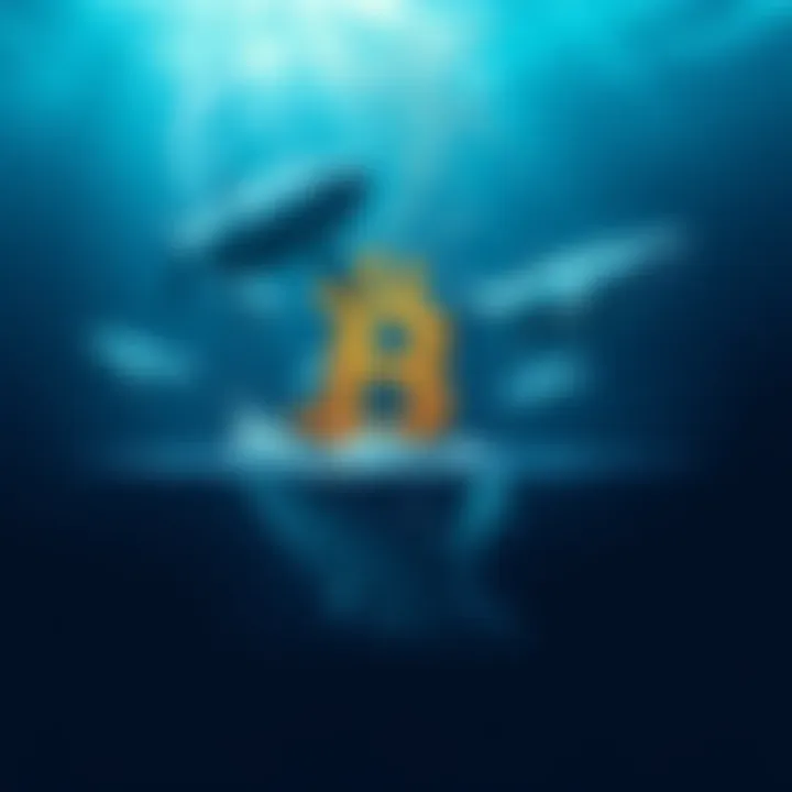 Large Bitcoin whales depicted as giant fish swimming away from a sinking Bitcoin symbol, suggesting a sell-off that could lower prices.