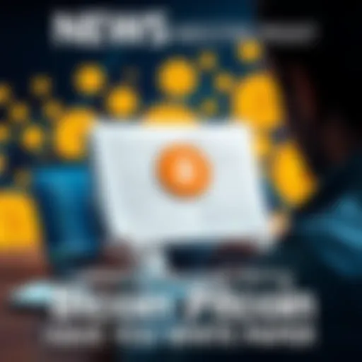 A person reading the Bitcoin white paper on a laptop with Bitcoin symbols in the background