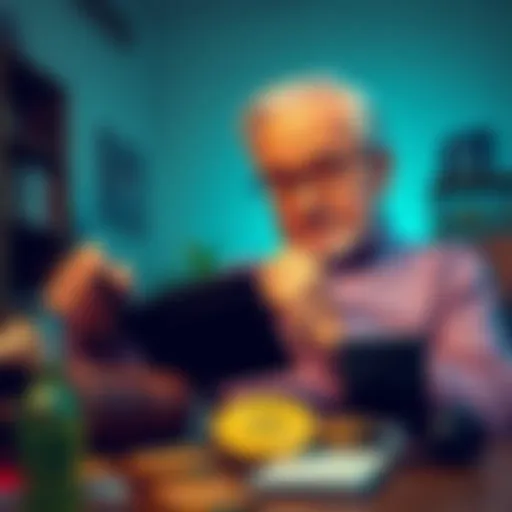 A retiree reviewing a Bitcoin wallet, planning annual withdrawals for financial stability.
