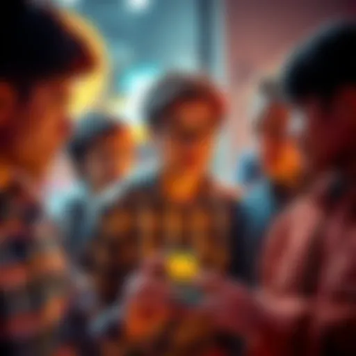 A group of young people discussing Bitcoin and savings, with a focus on financial literacy. One person holds a smartphone showing a Bitcoin wallet, while others look interested and engaged in the conv...