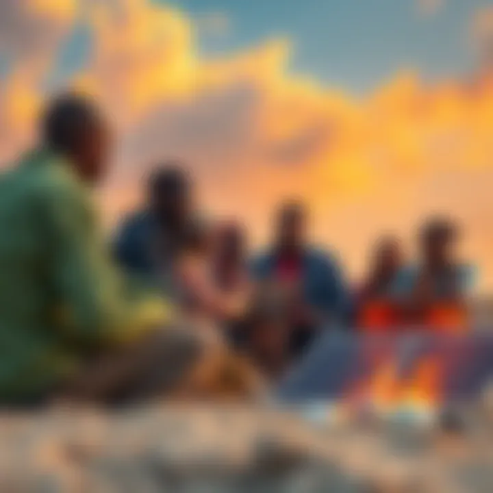A group of people in Zanzibar discussing Bitcoin with a laptop and solar panels nearby