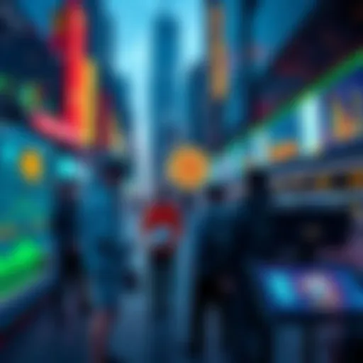 A diverse group of Bitcoiners interacting with advanced technology and digital screens displaying cryptocurrency data in a vibrant city setting.