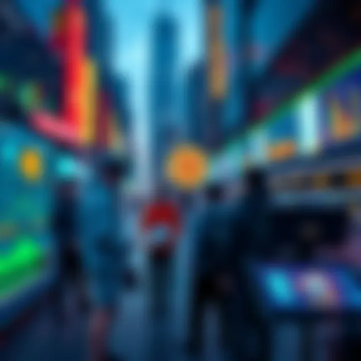 Bitcoiners in Future Tech Environment A diverse group of Bitcoiners interacting with advanced technology and digital screens displaying cryptocurrency data in a vibrant city setting.