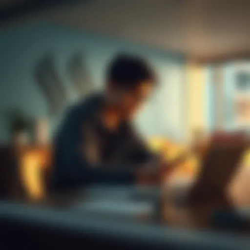 A Master's student conducting a survey about Bitcoin as a monetary standard, with a laptop and survey forms on a table