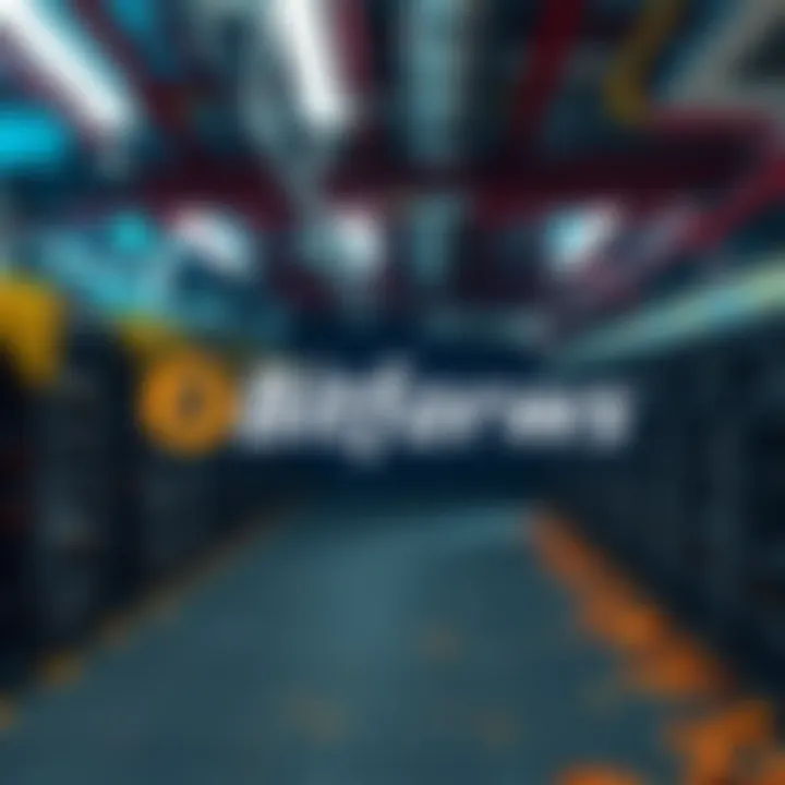 A view of Bitfarms logo with a backdrop of declining bitcoin prices and mining equipment.