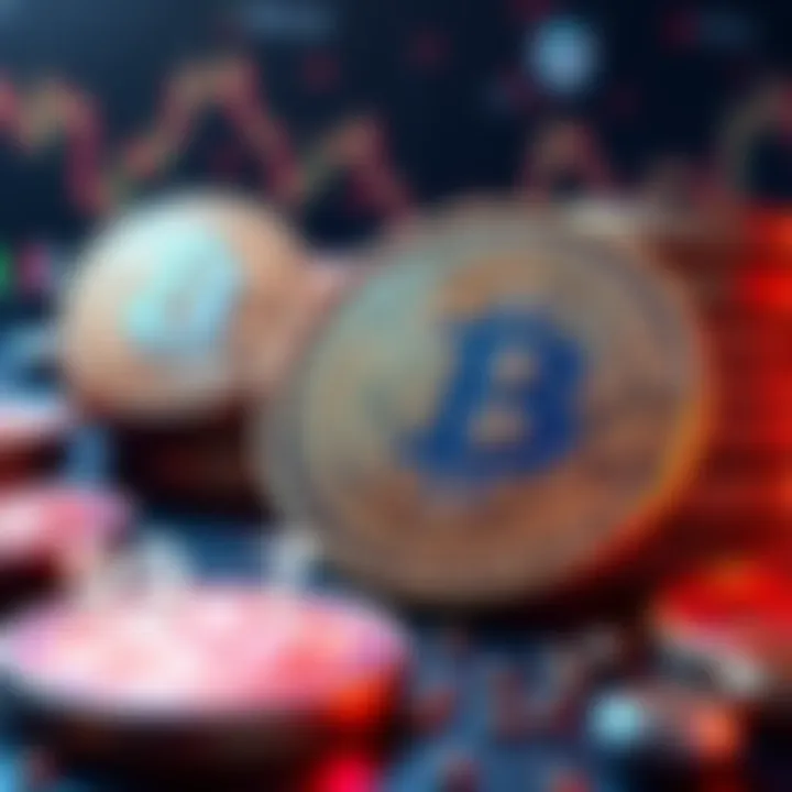 Illustration showing Bitcoin coins with a Bithumb logo and a graph indicating recovery.