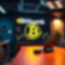 Bithumb office with bitcoin logo and fluctuating price chart on screen, symbolizing recent price drop