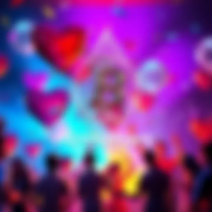 A festive scene showcasing BitMart's 8th anniversary with balloons, confetti, and people celebrating together