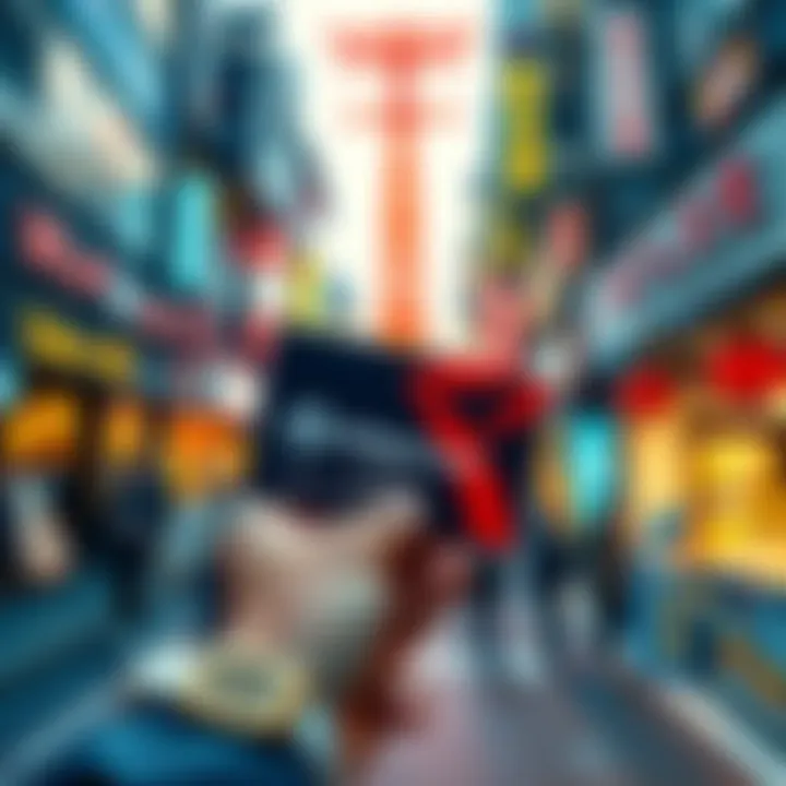 A person holding a BitMart Card in front of a popular Tokyo shopping area, surrounded by shops and people.