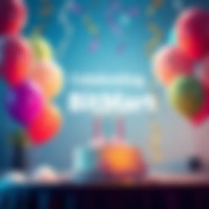 A festive scene with balloons and a cake representing BitMart's 8 year anniversary celebration