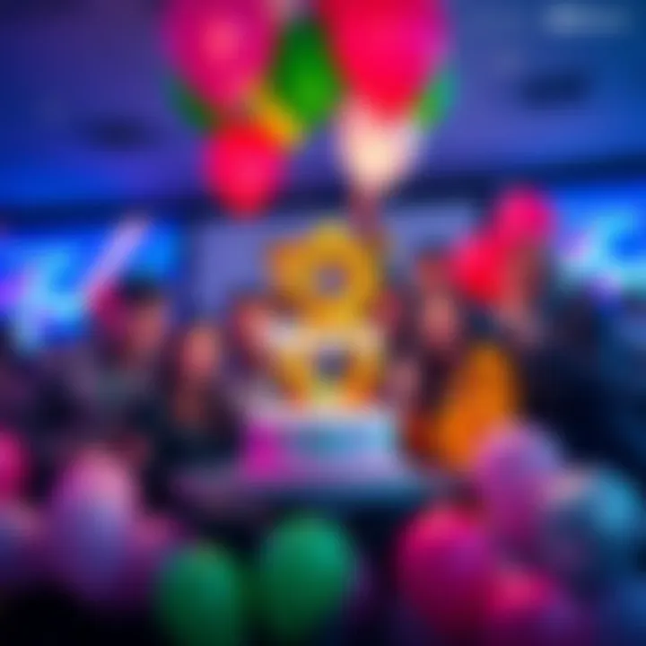 BitMart team celebrating their 8th anniversary with balloons and cake at an event.