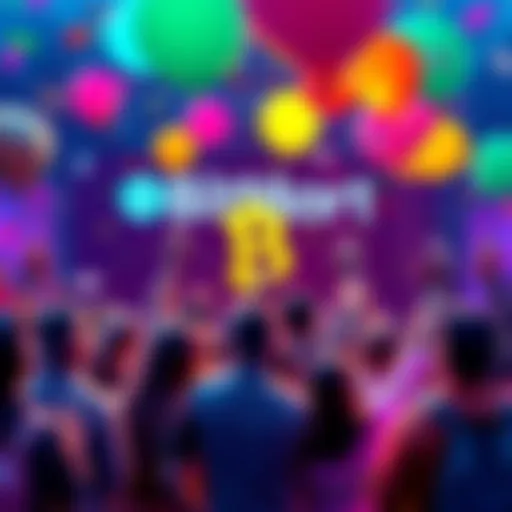 A vibrant graphic showing people celebrating BitMart's 8th anniversary with balloons and confetti, symbolizing market excitement.