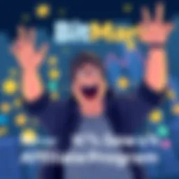 Illustration of a person excitedly joining BitMart's affiliate program, with symbols of money and trading in the background.