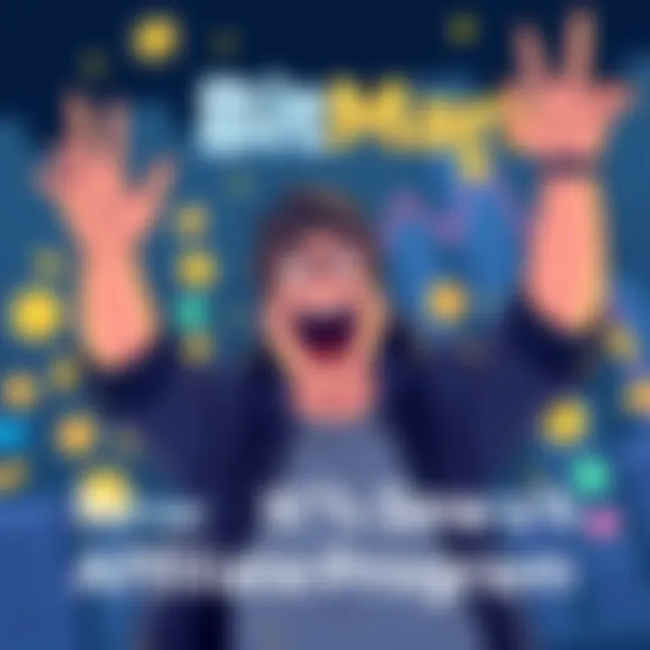 BitMart Affiliate Program Illustration of a person excitedly joining BitMart's affiliate program, with symbols of money and trading in the background.