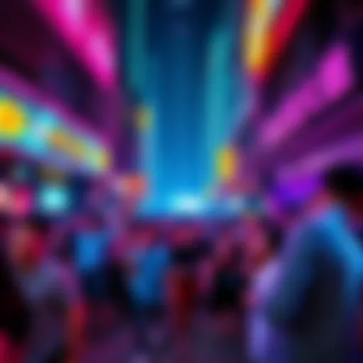 Crowd enjoying music and drinks at BitMart’s #ConsensusHK afterparty in Lan Kwai Fong, Hong Kong with colorful lights and lively atmosphere