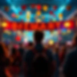 A festive scene depicting people celebrating BitMart's 8th anniversary with balloons and banners