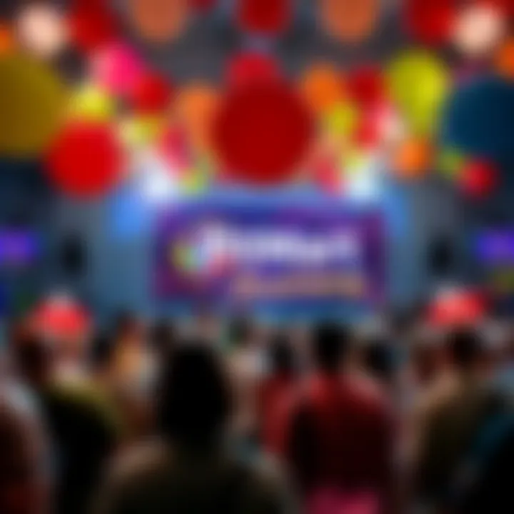 People at a festive event celebrating BitMart's 8th anniversary with balloons and banners.