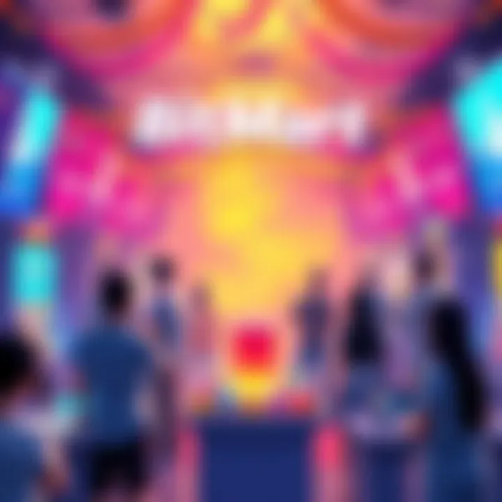 BitMart Anniversary Event Celebration People celebrating BitMart's 8th anniversary with games and prizes, surrounded by colorful decorations and banners.