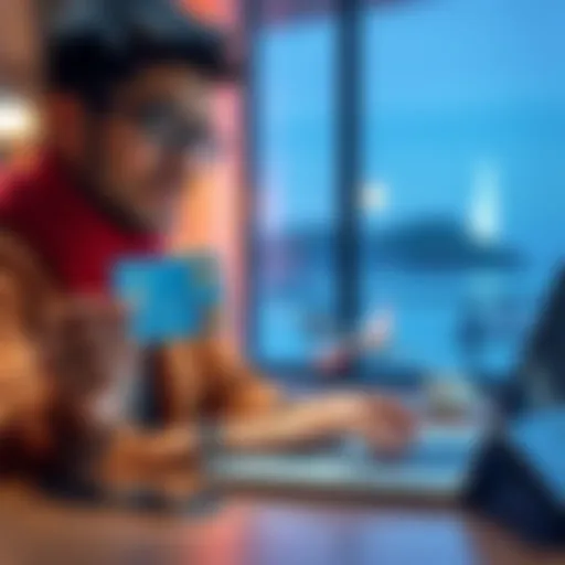 A person holding a BitMart Card while looking at travel options on a laptop