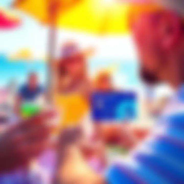 A colorful summer scene featuring a person swiping their BitMart Card while enjoying sunny outdoor activities and receiving rewards.