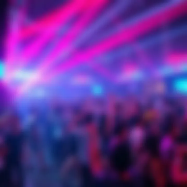 A lively party with neon lights and energetic music, showcasing a vibrant crowd enjoying the atmosphere at BitMart's Electric Euphoria in Hong Kong