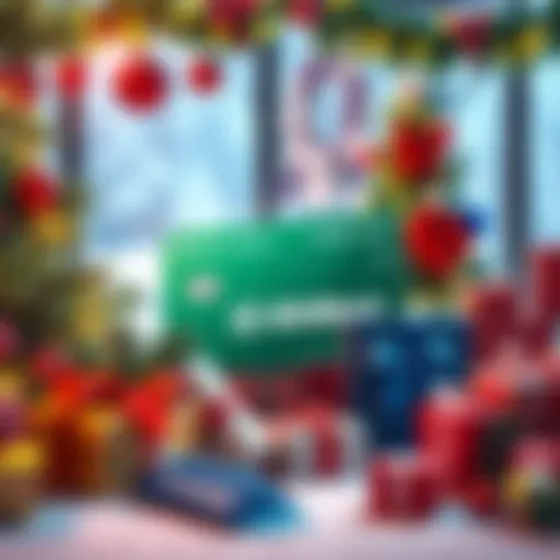 A festive holiday scene featuring a BitMart card surrounded by Christmas decorations and gifts.