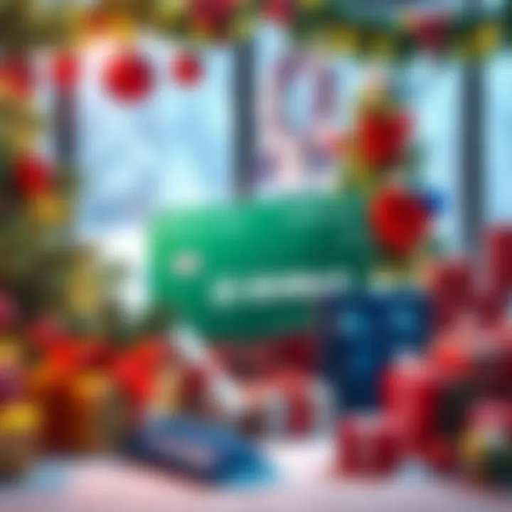 A festive holiday scene featuring a BitMart card surrounded by Christmas decorations and gifts.