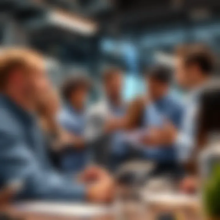 A diverse group of professionals discussing ideas and collaborating in an office setting, reflecting BitMart's growth and team expansion.