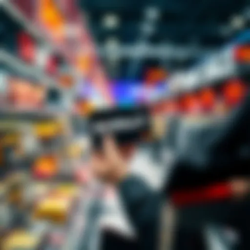 Black Friday Shopping with BitMart Card A shopper holding a BitMart Card while browsing through sale items in a store during Black Friday.