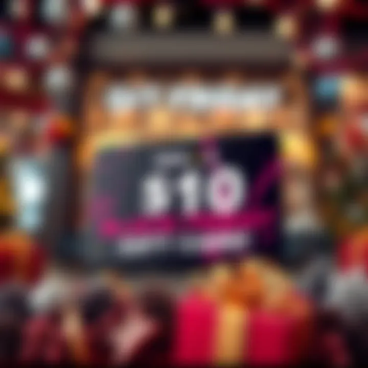 Black Friday Gift Card Contest A promotional graphic showing a $10 gift card with a shopping theme and festive decorations, encouraging participation in a contest to share great finds under $10.